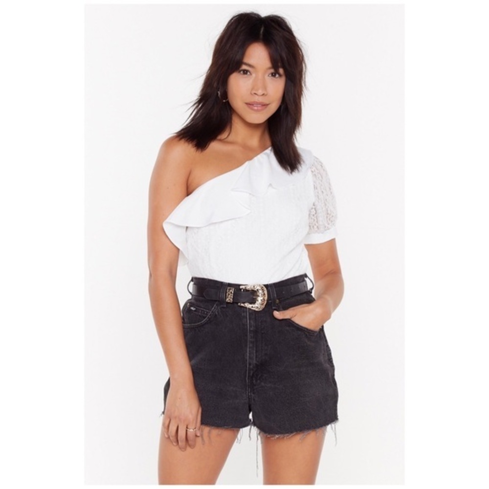 White Lace One Shoulder Frill Bodysuit Size 6, NWT